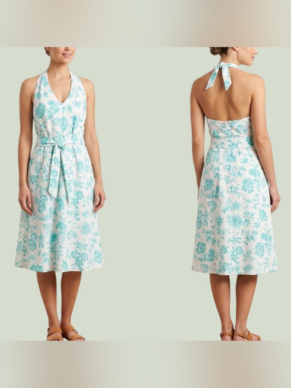 Liz Claiborne Cotton Tie Waist Floral Halter Dress Women’s 10 Turquoise/White